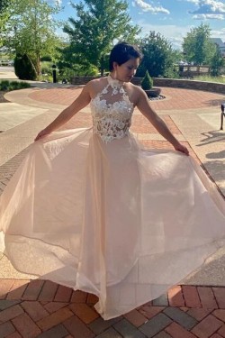A-Line Lace and Chiffon Long Prom Dress Formal Evening Gowns 901169