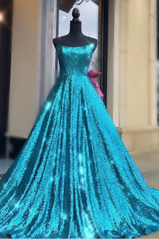 A-Line Spaghetti Straps Sequin Prom Dress Formal Evening Gowns 901171