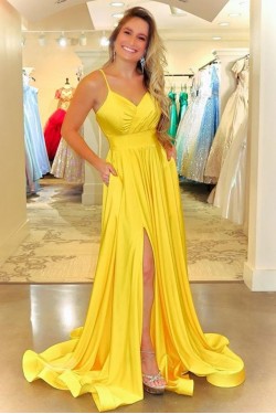 Long Yellow Spaghetti Straps Prom Dress Formal Evening Gowns 901175