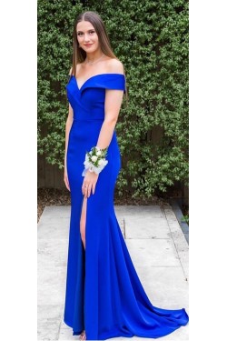 Long Blue Mermaid Off-the-Shoulder Prom Dress Formal Evening Gowns 901178