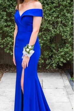 Long Blue Mermaid Off-the-Shoulder Prom Dress Formal Evening Gowns 901178