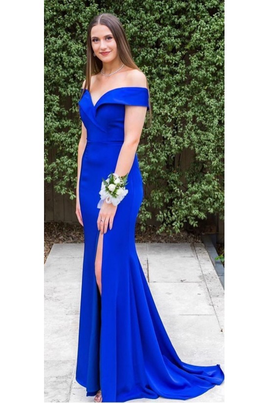 Long Blue Mermaid Off-the-Shoulder Prom Dress Formal Evening Gowns 901178