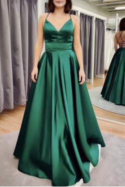 Long Green Satin Prom Dress Formal Evening Gowns 901182