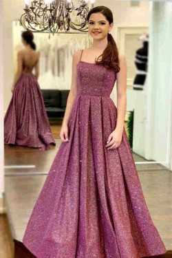 A-Line Sparkle Sequin Spaghetti Straps Prom Dress Formal Evening Gowns 901186