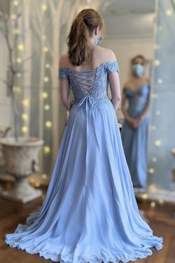 Long Blue Chiffon and Lace Prom Dress Formal Evening Gowns 901188