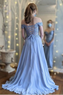 Long Blue Chiffon and Lace Prom Dress Formal Evening Gowns 901188