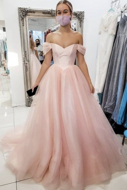 A-Line Long Pink Tulle Prom Dress Formal Evening Gowns 901194