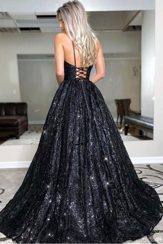 Long Black Lace Spaghetti Straps Prom Dress Formal Evening Gowns 901199