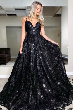 Long Black Lace Spaghetti Straps Prom Dress Formal Evening Gowns 901199