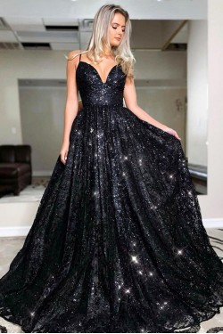 Long Black Lace Spaghetti Straps Prom Dress Formal Evening Gowns 901199