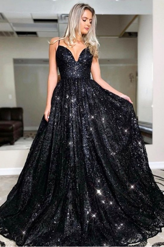 Long Black Lace Spaghetti Straps Prom Dress Formal Evening Gowns 901199