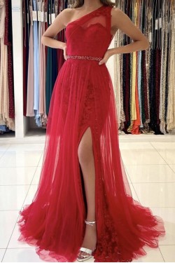 Long Red One Shoulder Lace and Tulle Prom Dress Formal Evening Gowns 901206