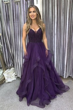 Long Beaded Purple Tulle Prom Dress Formal Evening Gowns 901207