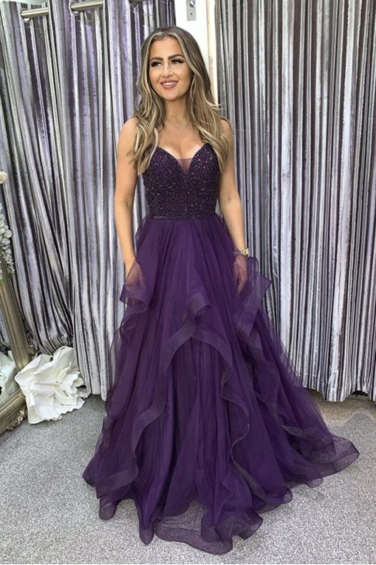 Long Beaded Purple Tulle Prom Dress Formal Evening Gowns 901207 Long Beaded Purple Tulle Prom Dress Formal Evening Gowns 901207