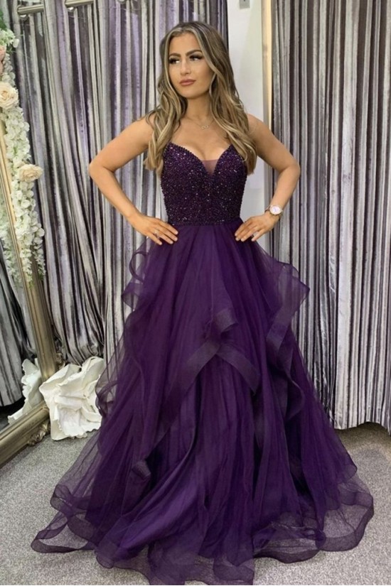 Long Beaded Purple Tulle Prom Dress Formal Evening Gowns 901207 Long Beaded Purple Tulle Prom Dress Formal Evening Gowns 901207
