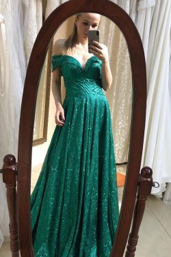 Long Green Sequin Off-the-Shoulder Prom Dress Formal Evening Gowns 901208