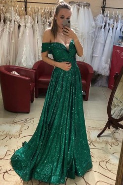 Long Green Sequin Off-the-Shoulder Prom Dress Formal Evening Gowns 901208