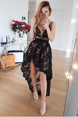 High Low Black Lace Prom Dress Formal Evening Gowns 901216