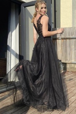 Long Black Lace and Tulle Prom Dress Formal Evening Gowns 901217