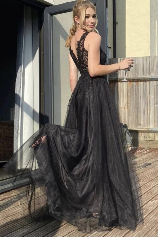 Long Black Lace and Tulle Prom Dress Formal Evening Gowns 901217