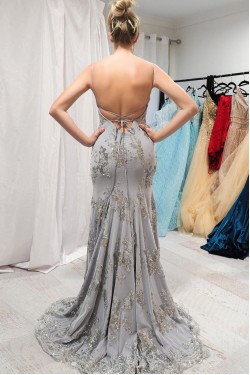 Mermaid Lace Spaghetti Straps Prom Dress Formal Evening Gowns 901220