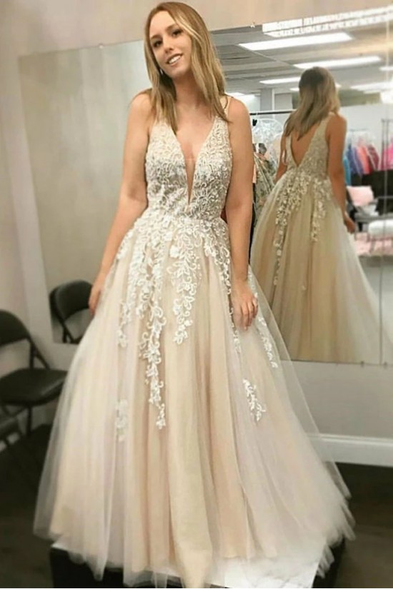 A-Line Lace and Tulle V Neck Prom Dress Formal Evening Gowns 901223