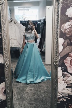 A-Line Long Blue Satin White Lace Prom Dress Formal Evening Gowns 901225