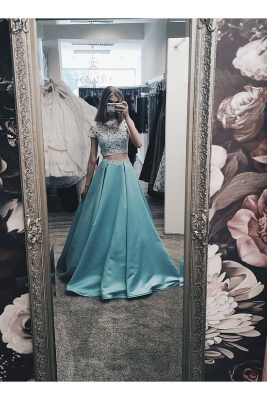 A-Line Long Blue Satin White Lace Prom Dress Formal Evening Gowns 901225 A-Line Long Blue Satin White Lace Prom Dress Formal Evening Gowns 901225