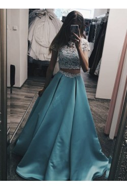 A-Line Long Blue Satin White Lace Prom Dress Formal Evening Gowns 901225