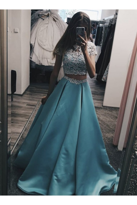 A-Line Long Blue Satin White Lace Prom Dress Formal Evening Gowns 901225 A-Line Long Blue Satin White Lace Prom Dress Formal Evening Gowns 901225