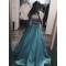 A-Line Long Blue Satin White Lace Prom Dress Formal Evening Gowns 901225