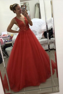 Long Red Lace and Tulle Prom Dress Formal Evening Gowns 901226
