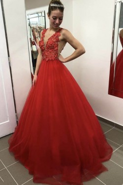 Long Red Lace and Tulle Prom Dress Formal Evening Gowns 901226