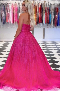 A-Line Strapless Sequin Tulle Long Prom Dress Formal Evening Gowns 901227