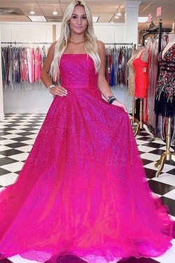 A-Line Strapless Sequin Tulle Long Prom Dress Formal Evening Gowns 901227