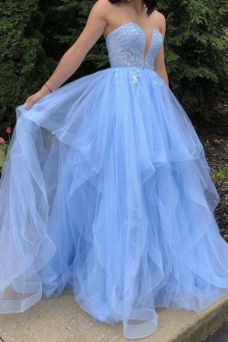 A-Line Long Blue Lace and Tulle Prom Dress Formal Evening Gowns 901228