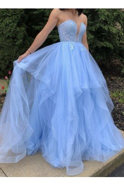 A-Line Long Blue Lace and Tulle Prom Dress Formal Evening Gowns 901228