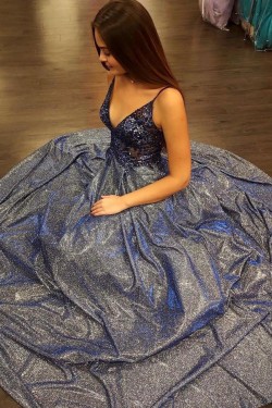 A-Line Long Blue Lace Sparkle Prom Dress Formal Evening Gowns 901231
