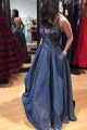 A-Line Long Blue Lace Sparkle Prom Dress Formal Evening Gowns 901231