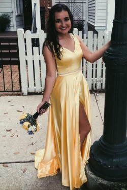 A-Line Long Yellow Prom Dress Formal Evening Gowns 901234