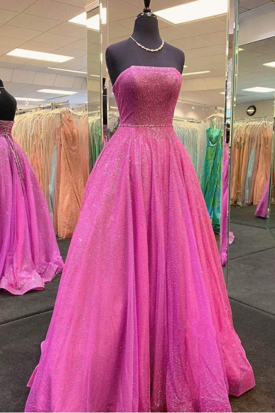 A-Line Strapless Sequin Tulle Prom Dress Formal Evening Gowns 901237