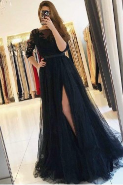Long Navy Blue Lace and Tulle Prom Dress Formal Evening Gowns 901243