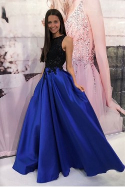 A-Line Long Royal Blue Prom Dress Formal Evening Gowns with Black Lace 901245