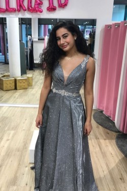 A-Line Sparkle V Neck Beaded Prom Dress Formal Evening Gowns 901246