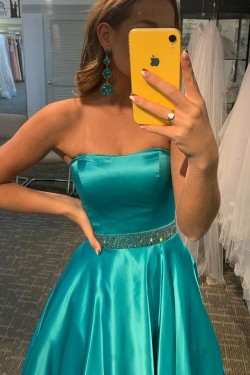 A-Line Strapless Beaded Long Prom Dress Formal Evening Gowns 901249