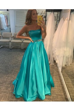 A-Line Strapless Beaded Long Prom Dress Formal Evening Gowns 901249