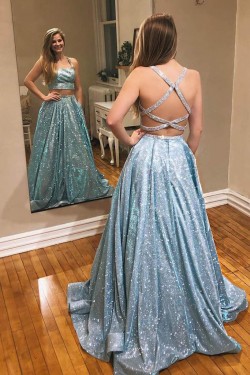 A-Line Sparkle Two Pieces Long Prom Dress Formal Evening Gowns 901252