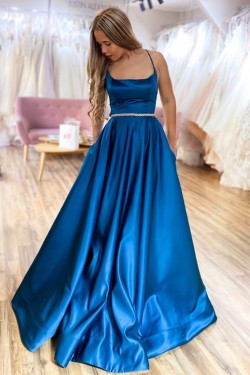 Long Blue Spaghetti Straps Satin Prom Dress Formal Evening Gowns 901254