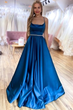 Long Blue Spaghetti Straps Satin Prom Dress Formal Evening Gowns 901254