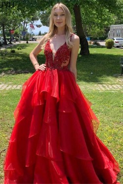 Long Red Lace Prom Dress Formal Evening Gowns 901256